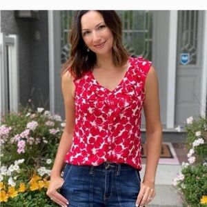 CAbi Rosy Red and White Floral Blouse